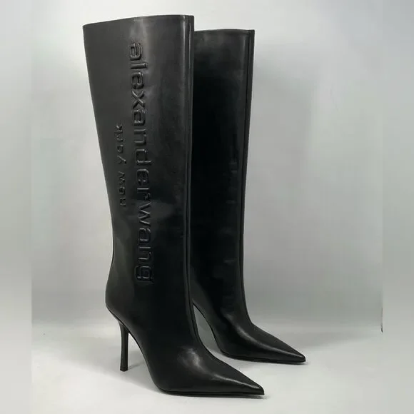 Alexander Wang Delphine brand-embossed leather heeled knee-high boots size 36.5 - Picture 1 of 15